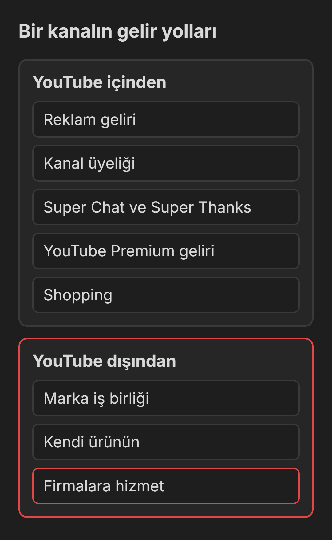 Bir kanalın YouTube içinden ve dışından gelen gelir yolları